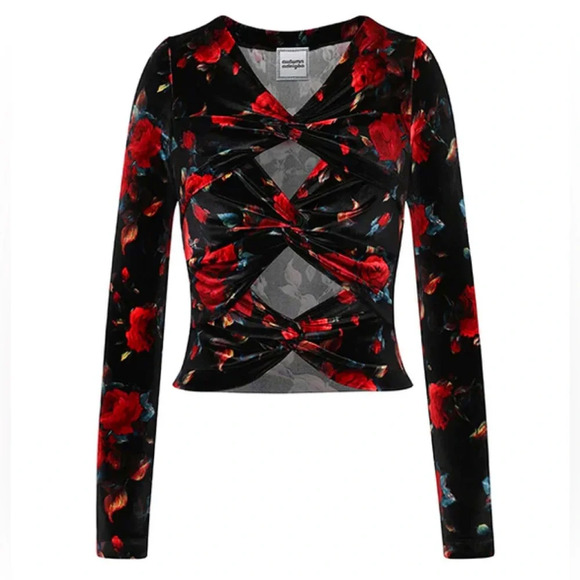 NWOT Autumn Adeigbo Rowena Cutout Floral Velvet Twisted Blouse Long Sleeve Top 4 - Picture 3 of 9